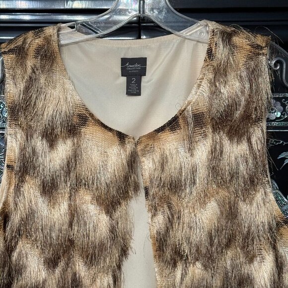 Chicos Travelers Collection Faux Fur Vest Open Front Brown Beige Textured 2 - Picture 2 of 8